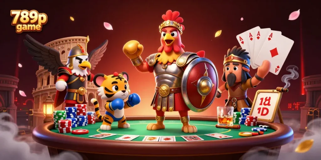 Engage with the 789p game featuring a dynamic casino scene of gladiator rooster and tiger cub.