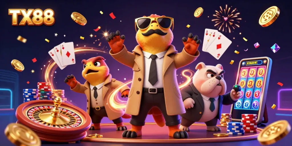 TX88 offers thrilling casino experiences with raptors sneaking into a VIP lounge, surrounded by vibrant game elements.
