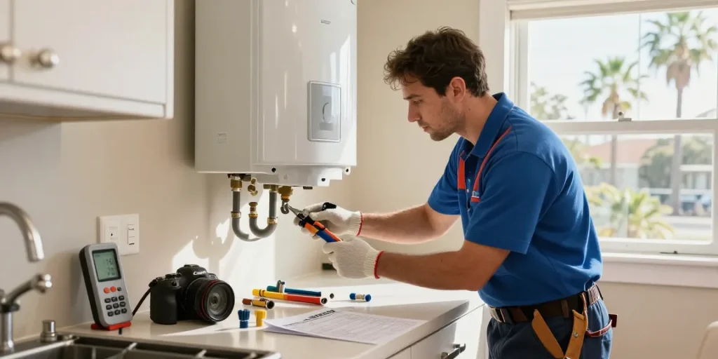 water heater repair San Diego in process with a plumber fixing a unit in a bright kitchen
