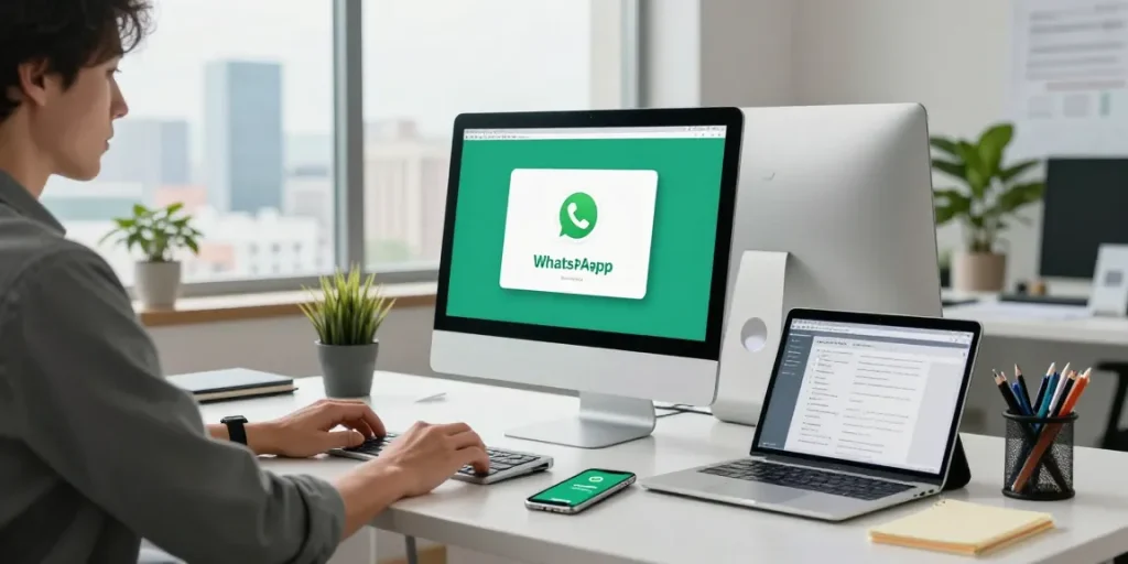 Professional using WhatsApp電腦版 at a sleek desk in a modern workspace, showcasing a productive tech environment.