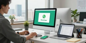 Professional using WhatsApp電腦版 at a sleek desk in a modern workspace, showcasing a productive tech environment.