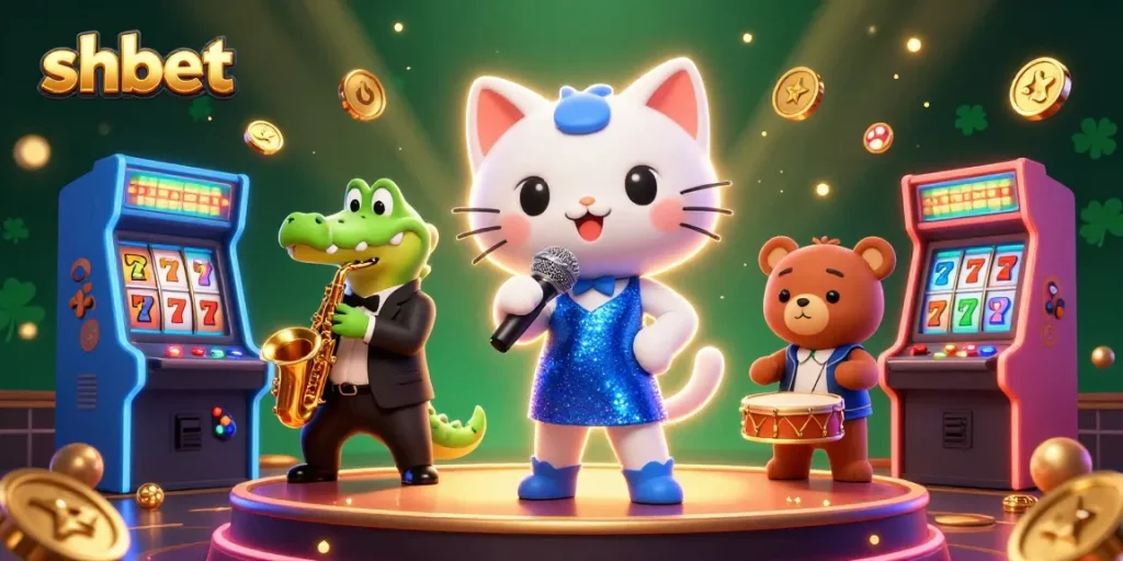 Win big at shbet with an exciting 3D jazz-themed casino scene featuring vibrant characters and games.