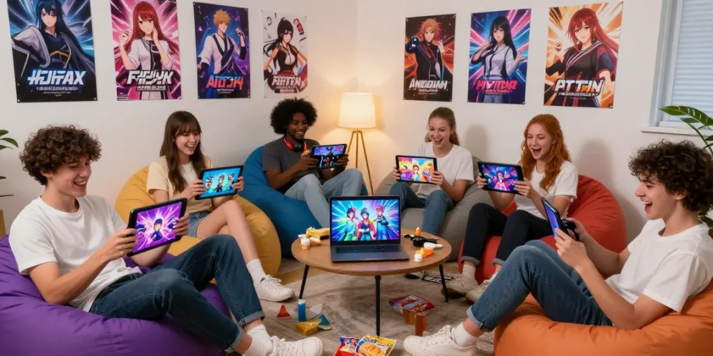 Friends enjoying a gaming night with hentaigames on various devices, showcasing excitement and fun.