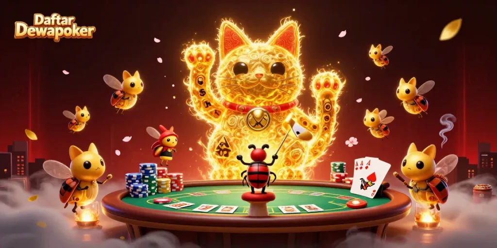 Experience the excitement of Daftar Dewapoker with golden fireflies and casino symbols in a vibrant scene.