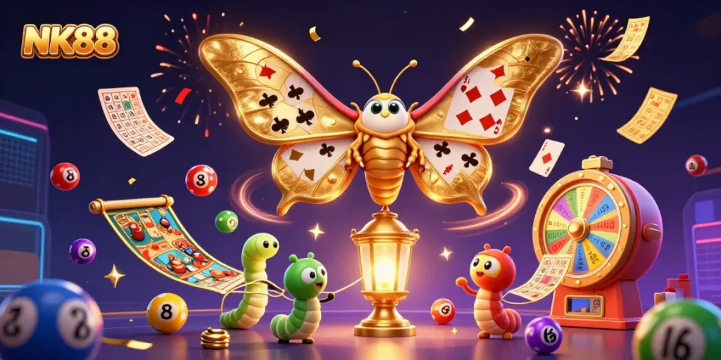Experience the thrill of NK88 with our vibrant lottery and casino scene illustration.