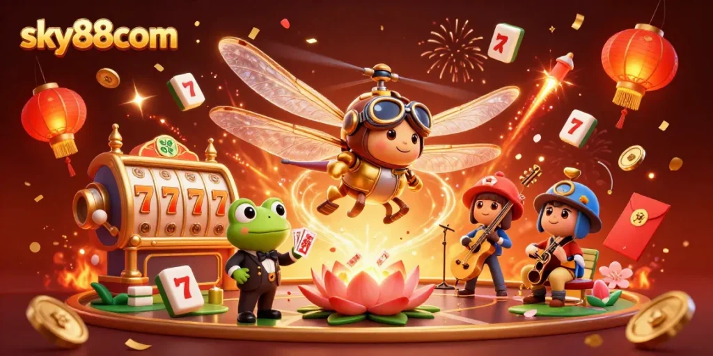 Experience thrilling casino action with sky88com as a dragonfly pilot hovers above a vibrant lily pad casino.