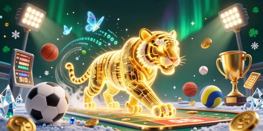 Experience the thrills of 89bd with a vibrant casino scene featuring a golden tiger and dynamic sports elements.