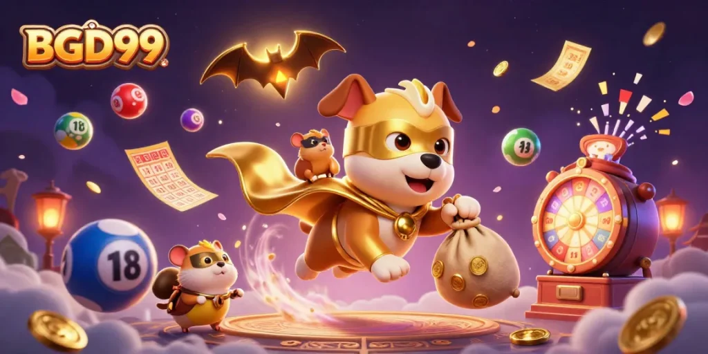 Engage with BGD99, where a superhero dog celebrates wins with gold coins amid vibrant gambling elements.