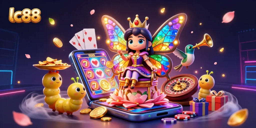 Experience vibrant lc88 gaming with a colorful 3D scene featuring a butterfly queen and dynamic slot elements.