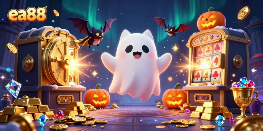 Engage in thrilling gameplay at EA88, featuring a ghost cat in a haunted casino environment.