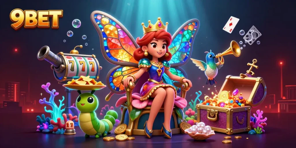 Engage in exhilarating gameplay with 9BET's vibrant casino scene filled with dynamic slot elements.