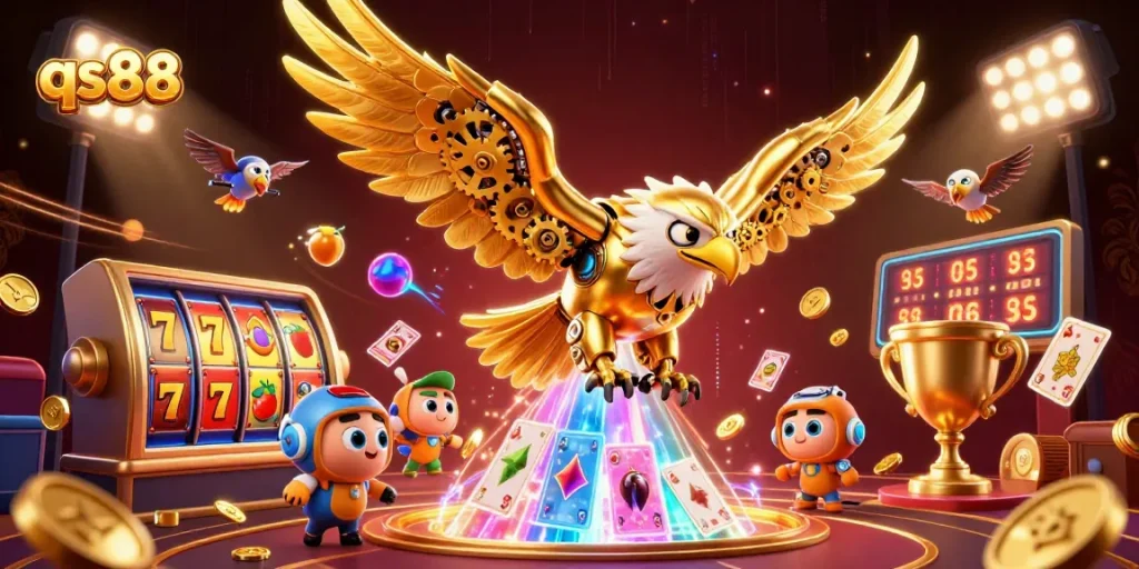 Experience thrilling slots at qs88 with a golden eagle diving through holographic cards.
