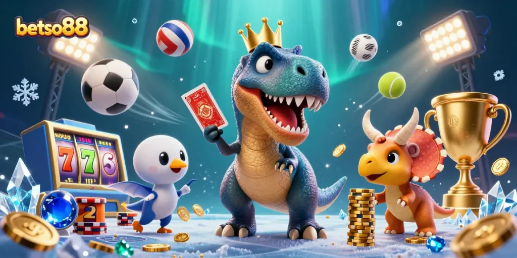 Experience the excitement of betso88 with a dynamic scene featuring a T-Rex, pterodactyl, and triceratops in a casino