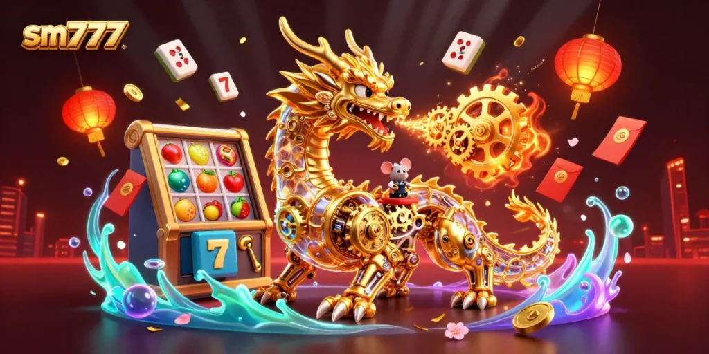 Experience the thrill of sm777 casino with a vibrant 3D dragon and slot machines.