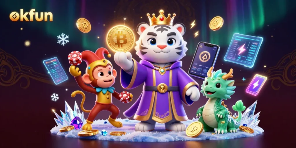 Join the fun with okfun at the casino, showcasing vibrant 3D illustrations of characters and crypto elements.