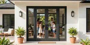 Single leaf double swing door enhancing a modern home entrance with clear glass and inviting atmosphere.