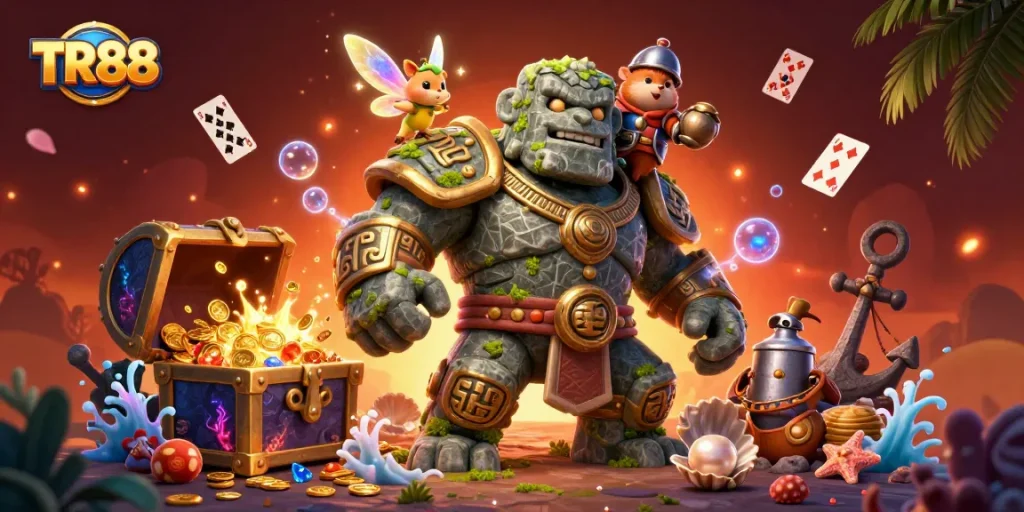 Experience TR88 excitement with magical characters and vibrant treasure details in a casino-themed scene.