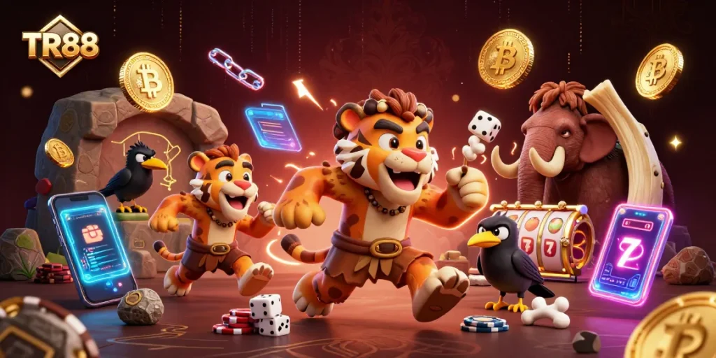Experience the thrill of TR88 casino with vibrant 3D cartoon characters and crypto elements in action.