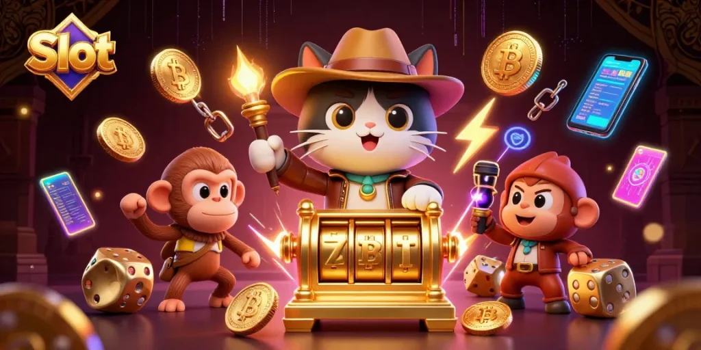 Mainkan Slot yang mendebarkan dengan kucing arkeolog dan monyet berapi-api di latar belakang gemerlap.