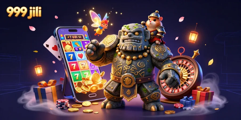 Engage with exciting 999 jili casino adventures featuring a mystical golem, fairy, and hamster knight.
