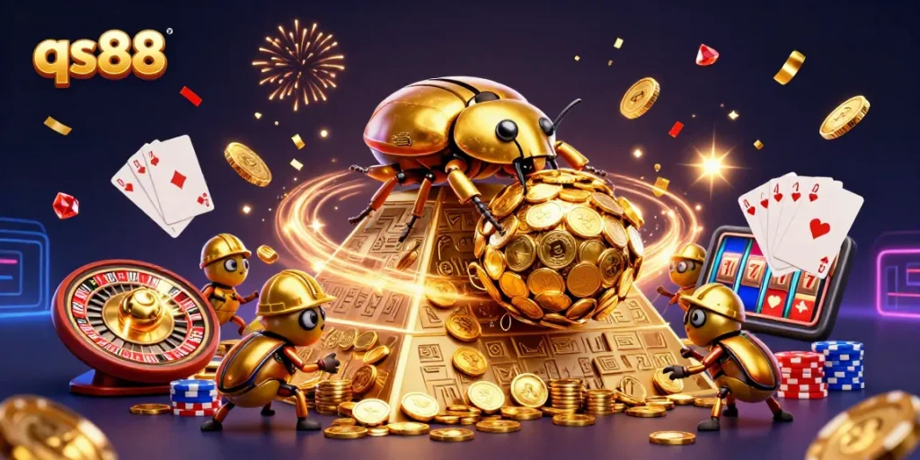Experience the thrilling excitement of qs88 with a charismatic golden beetle conquering a pyramid of coins in a dynamic casino scene.