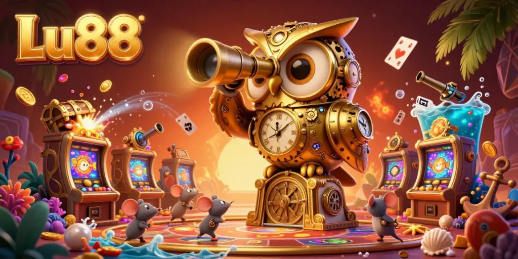Experience thrilling gaming at Lu88 with a vibrant casino scene featuring a unique golden owl and charming mice.