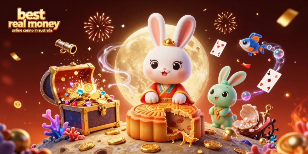 Play poker with the best real money online casino in Australia in a vibrant, colorful 3D scene filled with casino elements.