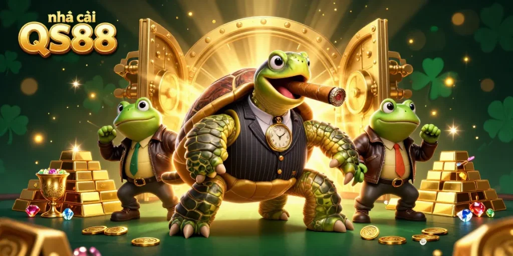 Experience the fun at nhà cái QS88 with a lively casino scene showcasing vibrant characters and treasures.