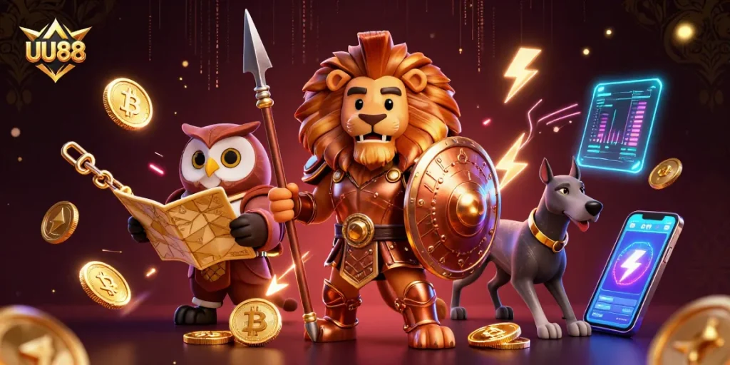 Experience gaming excitement with UU88, a vibrant 3D digital illustration filled with casino elements.