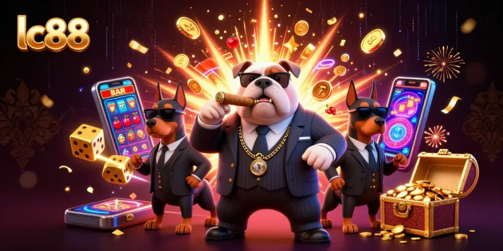 Experience exciting gameplay at lc88 with a dynamic casino scene featuring a boss bulldog and Doorman bodyguards.