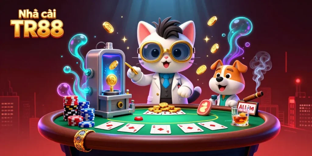 Gameplay scene with Nhà cái TR88 showcasing poker elements, vibrant characters, and exciting casino atmosphere.