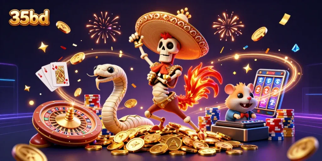 Experience thrilling gameplay with 35bd featuring a dancing skeleton rooster and jackpot elements.