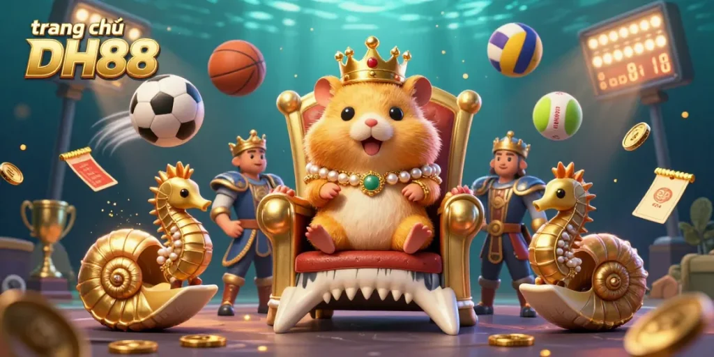 Engage with the vibrant action at trang chủ DH88 through a dynamic 3D illustration featuring a golden hamster king and lively sports elements.