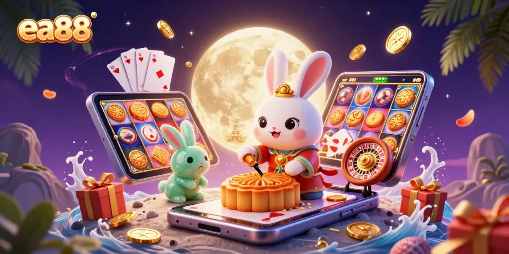 Experience exciting gaming at ea88 with the dynamic moon rabbit and slot elements in a vibrant casino scene.