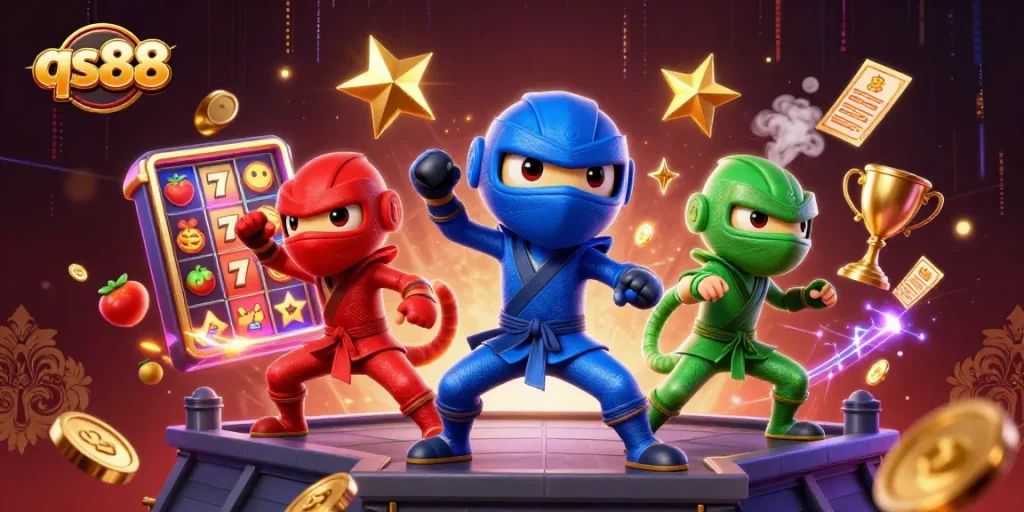 Engage with thrilling qs88 slots action featuring chameleon ninjas performing martial arts amidst gold coins and jackpots.