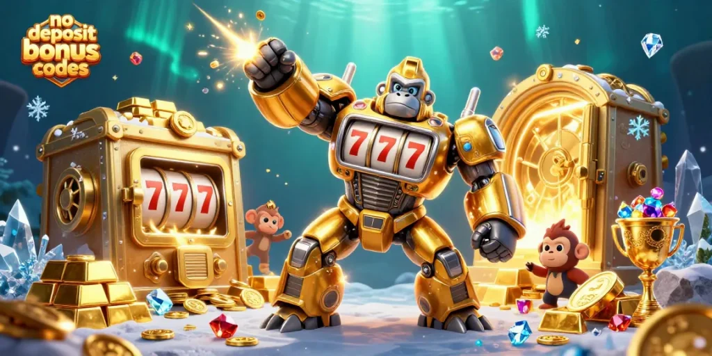 Discover thrilling no deposit bonus codes with a golden gorilla mech and treasure-filled casino scene