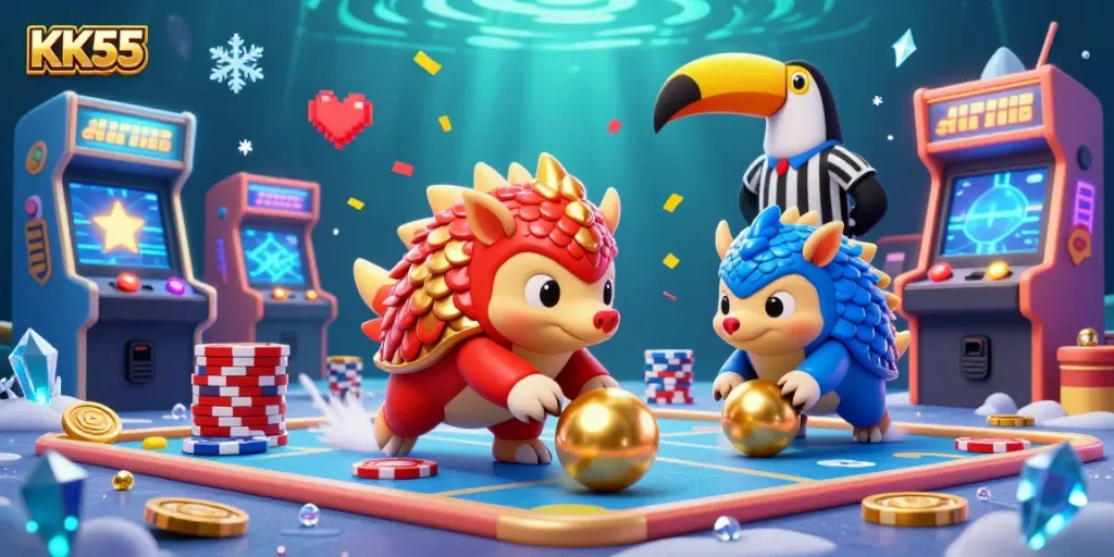 Engage in thrilling casino action with KK55 featuring vibrant pangolins bowling through poker chips.