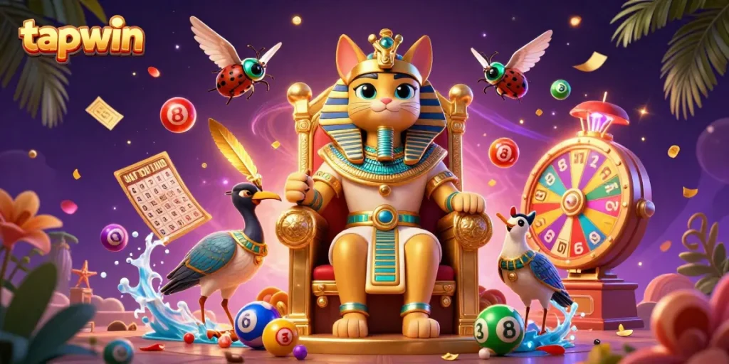 Experience excitement with tapwin's vibrant lottery scene featuring an Egyptian pharaoh cat and dynamic elements.