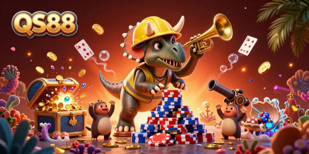 Engage in thrilling gameplay at QS88 with colorful poker chips and vibrant casino elements.