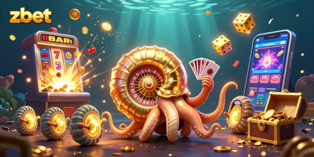 Experience zbet's thrilling casino adventure with a vibrant nautilus and slot machine explosion.