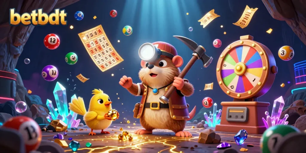 Experience the thrilling world of betting with betbdt, featuring a treasure hunter mole amid colorful lottery elements.