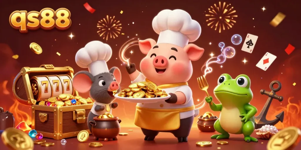 Experience the thrilling world of qs88 with vibrant casino characters celebrating wins around gold coins.