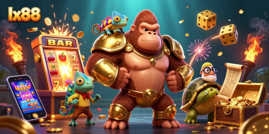 Experience thrilling gameplay at lx88 with a gorilla king, chameleon spy, and tortoise elder surrounded by extravagance.