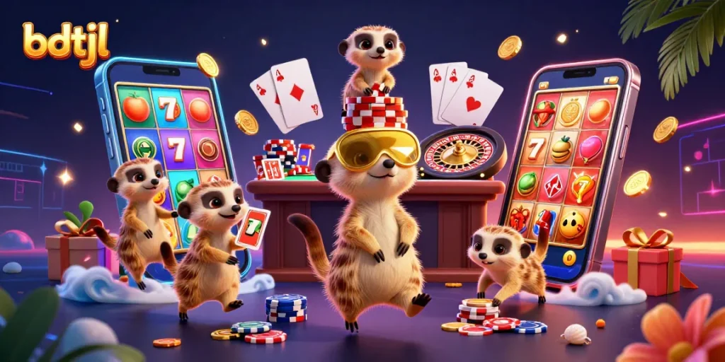 bdtjl meerkats managing a vibrant casino scene, showcasing colorful slots, card games, and dynamic energy
