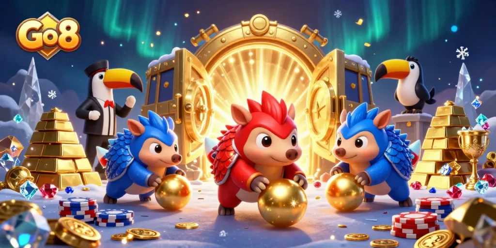 Engage with Go 8 through a thrilling casino adventure featuring pangolins competing amidst treasures and poker chips.