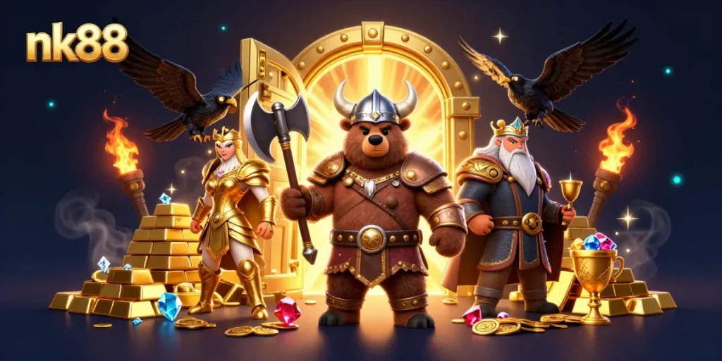 Create winning strategies at NK88, featuring a Viking bear and Valkyrie eagle amid treasures.