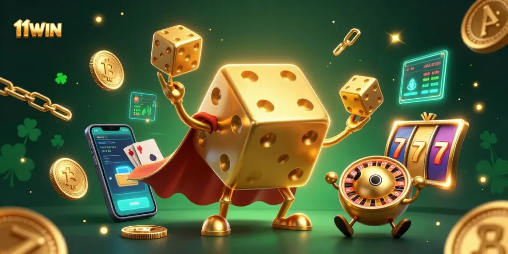 11WIN showcases a golden dice golem and roulette-ball companion amid vibrant crypto elements and dynamic slot game features.