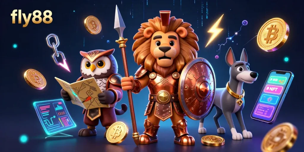 Engage with fly88, a vibrant illustration featuring a Spartan lion and crypto elements in action.