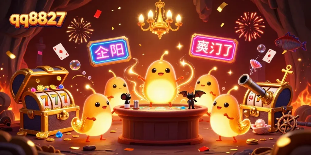 qq8827 casino scene with colorful glowworms, treasure chests, and dynamic gaming elements
