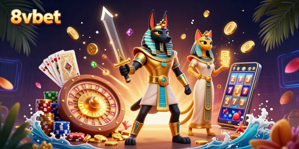 Experience the thrill of 8vbet with Anubis and Bastet in a captivating 3D casino scene.